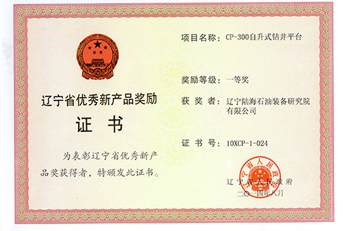 	辽宁省优秀新产品奖励证书